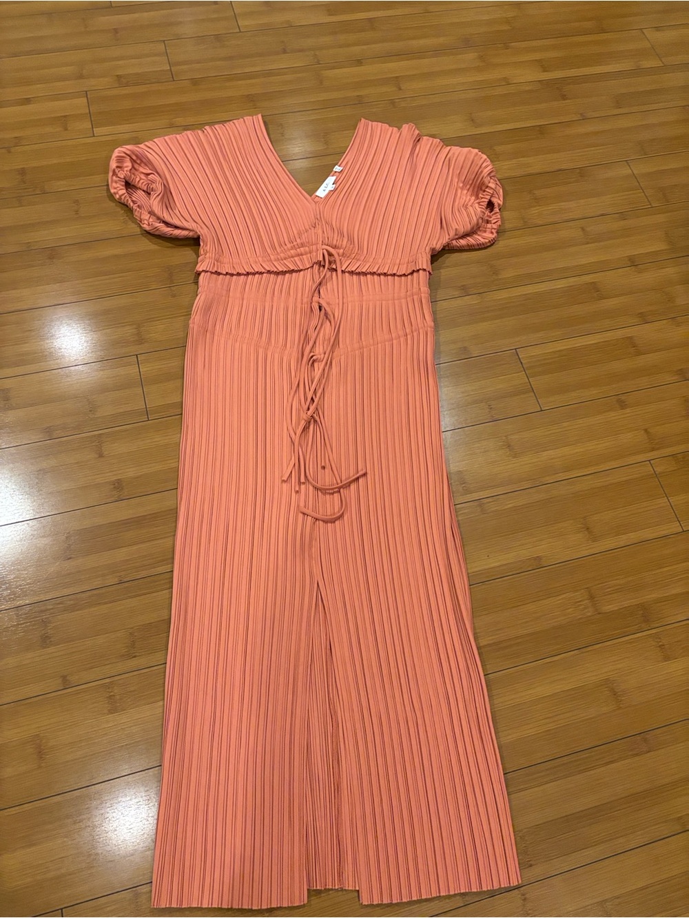 A.L.C. Pleated Coral-Orange Dress with V-Neck - Picture 1 of 4